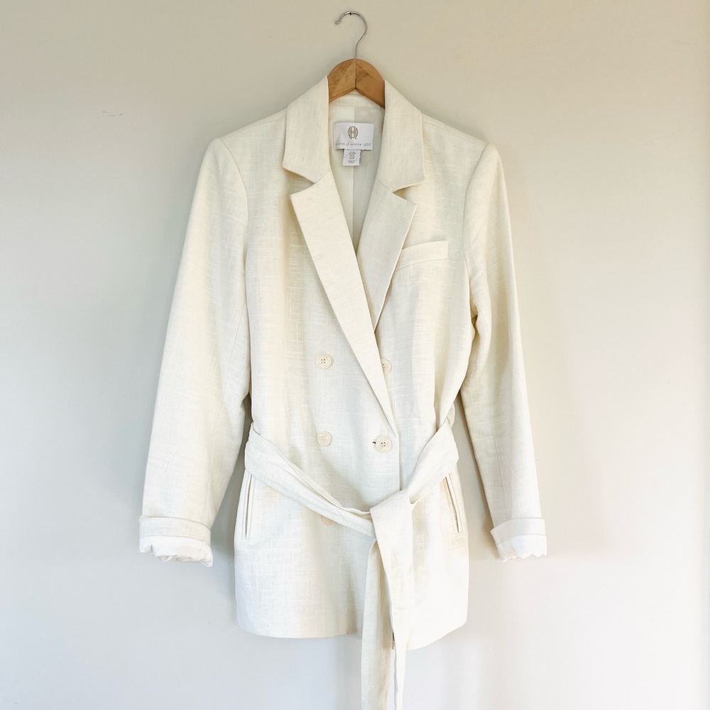 House of Harlow 1960 Cream Linen Double Breasted Blazer With Waist Tie